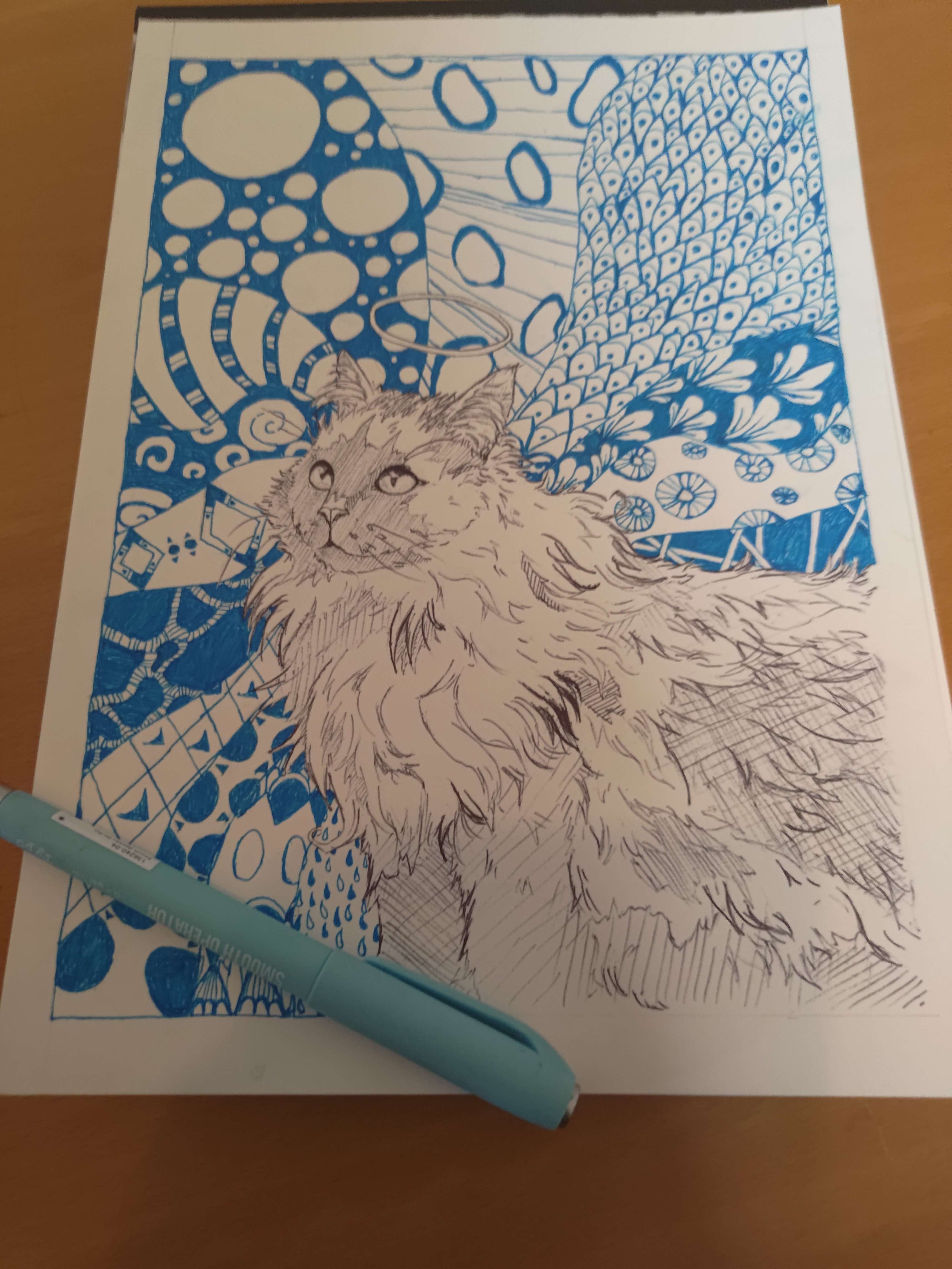 Cat art with detailed patterned blue background